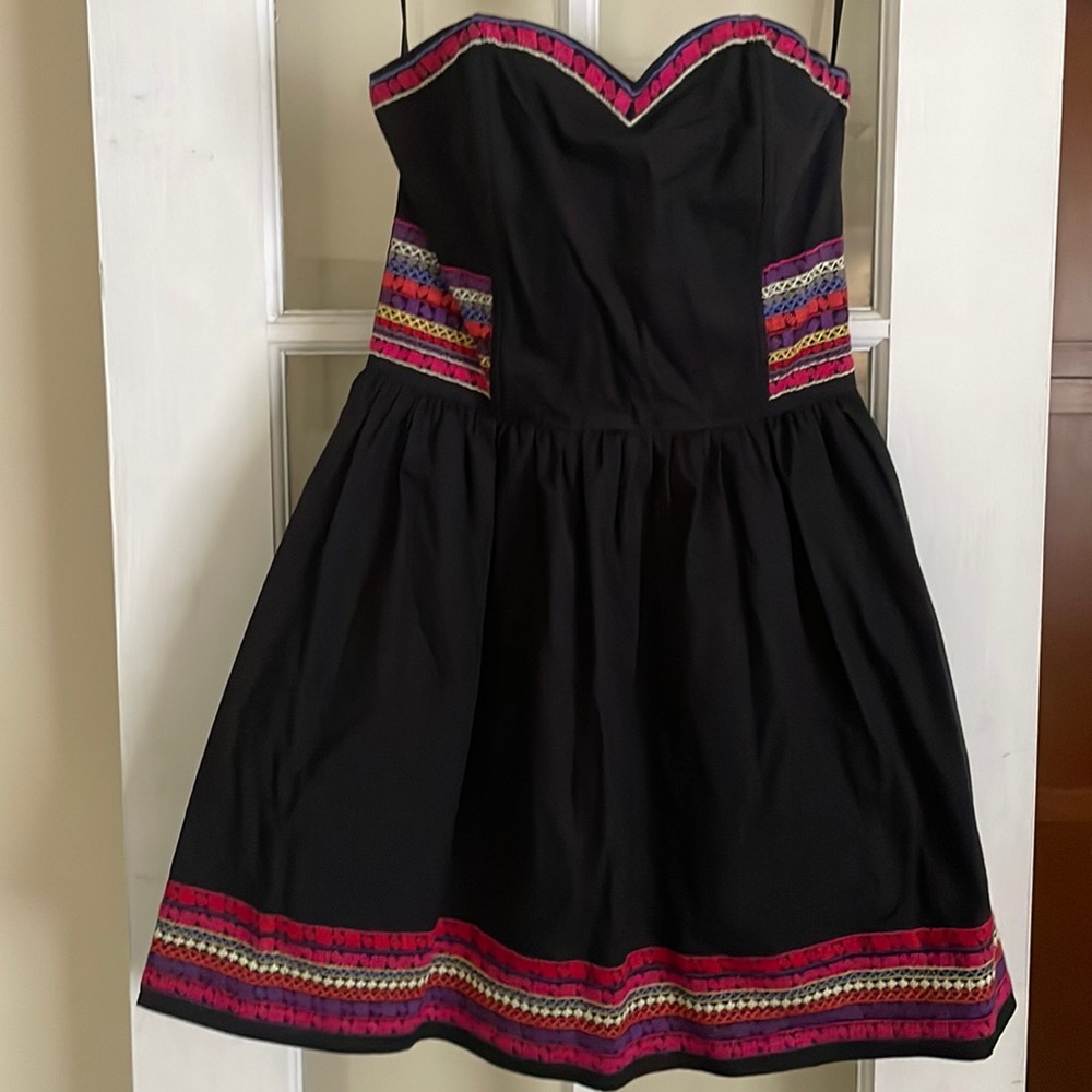 H&M Strapless Black Embroidered Cotton Mini Dress, Size 4